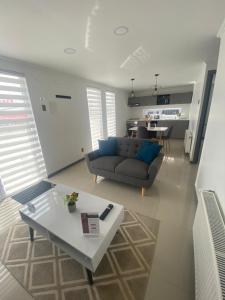 ein Wohnzimmer mit einem Sofa und einem Tisch in der Unterkunft Apart Fueguina in Porvenir