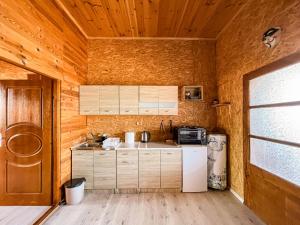 eine Küche mit einem Kühlschrank und einem Herd in der Unterkunft River house Velero in Ulcinj