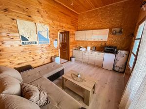ein Wohnzimmer mit einem Sofa und einem Tisch sowie eine Küche in der Unterkunft River house Velero in Ulcinj