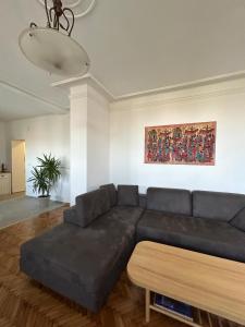 uma sala de estar com um sofá e uma pintura na parede em Central View Home Belgrade em Belgrado