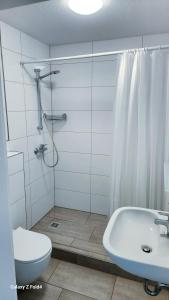 y baño con ducha, aseo y lavamanos. en E&K Apartment I en Düsseldorf