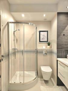 ein Bad mit einer Dusche und einem WC in der Unterkunft Apartament Nice View -16piętro, parking podziemny, blisko morza in Danzig
