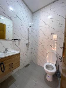 ein weißes Badezimmer mit Toilette und Waschbecken in der Unterkunft Appartements ELKHAIR in Tahannaout
