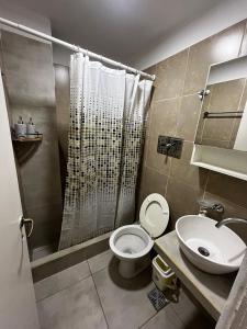 La salle de bains est pourvue d'une douche, de toilettes et d'un lavabo. dans l'établissement hospedaje LH E a 15 minutos del aeropuerto ezeiza, à Ezeiza