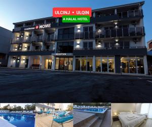 un hotel con piscina frente a él en HOME HOTEL SCANDINAVIA en Ulcinj