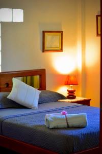 1 dormitorio con 1 cama con edredón azul en Darwin's temple en San Cristóbal