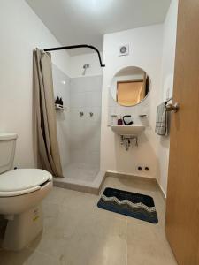 a bathroom with a toilet and a sink and a shower at Departamento Estadio GNP antes foro sol, autodromo hermanos Rodríguez, palacio de los deportes, muy cerca de aeropuerto, CDMX in Mexico City +33 photos