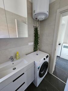 a bathroom with a washing machine and a sink at Seaside Cottage Barbariga in Peroj