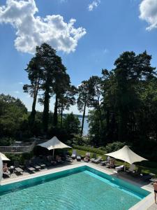 a swimming pool with chairs and umbrellas at Ferienwohnung in Bad Saarow in Bad Saarow