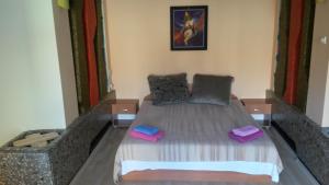 un letto in una camera con due cuscini di Стаи за гости Първи май a Gabrovo