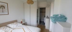 PalagaccioにあるAppartement T2 Pietranera WIFIの壁に青い毛布が掛けられたベッドのある寝室