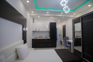 a large room with a bed and a kitchen with at Apartments DABI in Ulcinj