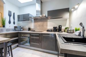 une cuisine avec des appareils en acier inoxydable et un comptoir dans l'établissement Le Canopé - Duplex Confort, Hypercentre, 2 Salles d'eau, à Castres