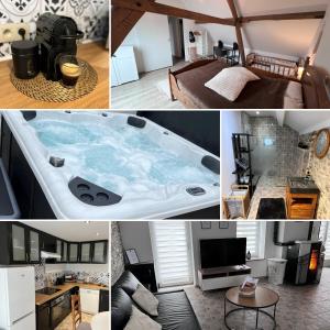 a collage of pictures of a hot tub in a room at Gîte Rubis 4-6 pers, JACUZZI-HOT TUB, Pairi Daiza in Brugelette