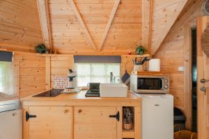 - cucina in una cabina di legno con frigorifero e forno a microonde di Gite Petite Chaumière Kota finland a Plurien Altre 13 foto