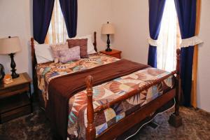 a bedroom with a large bed with blue curtains at Weller Island Bliss in Hammondsport
