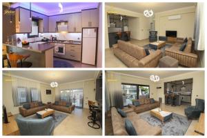 4 verschiedene Aussichten auf ein Wohnzimmer und eine Küche in der Unterkunft Koycegiz Yalcin Villalari in Muğla