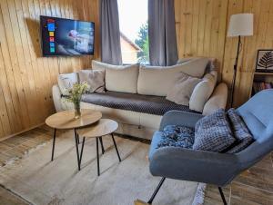 sala de estar con sofá y mesa en AA Pine vikendica za izdavanje u srcu Zapadne Srbije en Nova Varoš