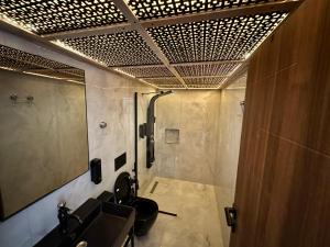 a bathroom with a shower with a sink and a mirror at TUVA VİLLA Bungalov in Çamlıhemşin