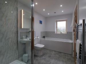 une salle de bain avec toilettes, lavabo et douche dans l'établissement Waverley Cottage, à Hull 19 autres photos