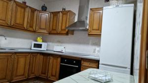 a kitchen with wooden cabinets and a white refrigerator at Alojamiento Santa Ana in Cazorla