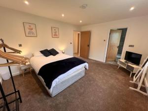 a bedroom with a bed and a desk and a television at Stylish & Spacious Getaway in Norwich