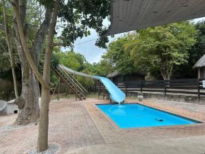 um escorrega azul numa piscina ao lado de uma árvore em Mabalel Lodge em Nelspruit