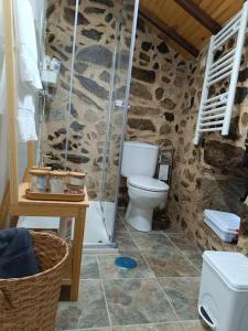 a stone bathroom with a toilet and a shower at A Casiña de Arretén in Padrón +23 photos
