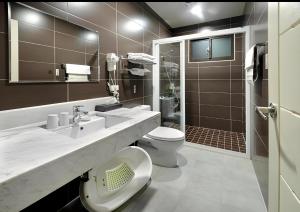 een badkamer met een wastafel, een toilet en een douche bij 蝴蝶結溜滑梯親子民宿 in Yuanshan