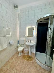 e bagno con servizi igienici, lavandino e doccia. di PENSIUNEA ANA a Piatra Neamţ