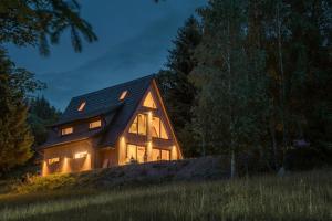 a house lit up at night in a field at Lagom Lodge in Izvoare