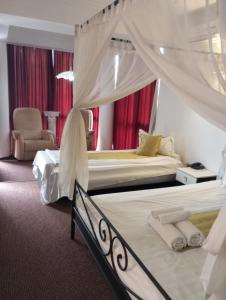 Pokój hotelowy z 2 łóżkami i krzesłem w obiekcie RHC Royal Hotel w mieście Oradea