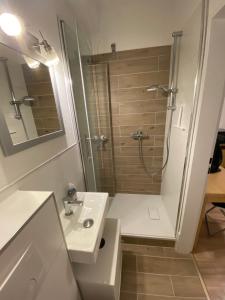 bagno bianco con doccia e lavandino di KnocksCasa4You Mini Appartement Nr 22 a Marburg an der Lahn
