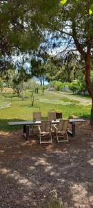 a ping pong table and chairs in a park at Coralia's beachfront sea view studio in Agioi Theodoroi +41 photos