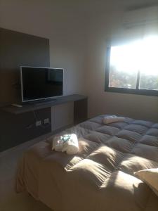 Schlafzimmer mit einem Bett und einem Flachbild-TV in der Unterkunft Alka hermoso y cómodo departamento in Morón
