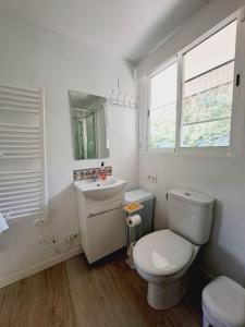 Tiny House Teresa في Pontons: حمام ابيض مع مرحاض ومغسلة