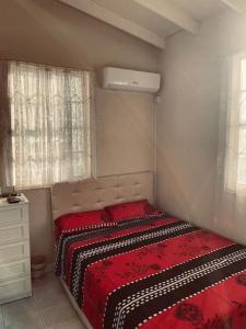 a bedroom with a bed with a red blanket and two windows at Shabbehs Inn in Roseau