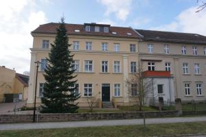 um grande edifício com uma árvore em frente em Appartement in Rheinsberg mit Seeblickbalkon em Rheinsberg