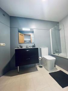 a bathroom with a toilet and a sink and a mirror at El Rincon La Roca in El Espinar