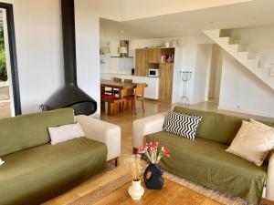 un soggiorno con due divani verdi e una cucina di Magnifique villa vue mer a Sainte-Maxime