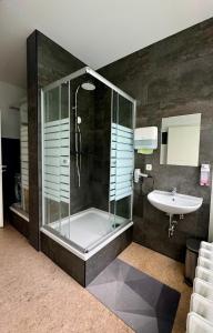 een badkamer met een douche en een wastafel bij Reform Pension in Maagdenburg