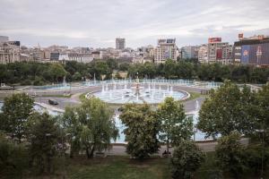 una fuente en un parque con una ciudad al fondo en Fountain Bloom, en Bucarest