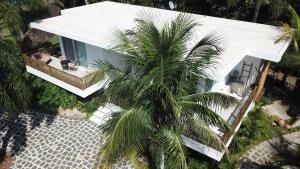 een luchtfoto van een wit huis met een palmboom bij Koserê Exclusive Suites in Ilhabela