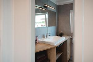 a bathroom with a sink and a mirror at Haus auf dem See Elise, Matheo, Mads, und Jarle in Ferchesar