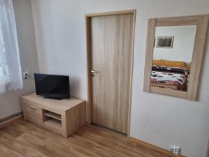 una habitación con puerta y TV en un armario en Ubytování Šustovka, en Třeboň
