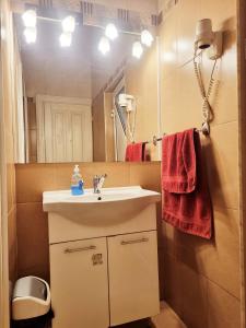 Transylvania Hostel في كلوي نابوكا: حمام مع حوض ومرآة