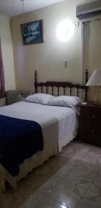 a bedroom with a bed and a table and a lamp at Apartment at Strathairn in Kingston