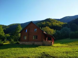 a wooden house in a field with mountains in the background at Закарпатский сруб in Krasna