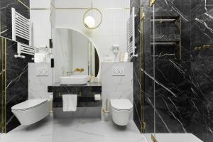 een badkamer met een wastafel, een toilet en een spiegel bij Apartments Ostsee Platan in Świnoujście