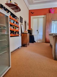 Transylvania Hostel في كلوي نابوكا: غرفة بجدران برتقالية وثلاجة